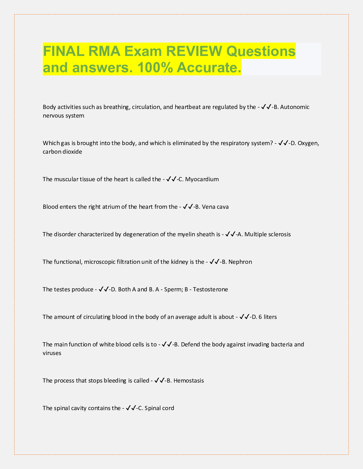 Preview image for FINAL RMA Exam REVIEW Questions  and answers. 100% Accurate.